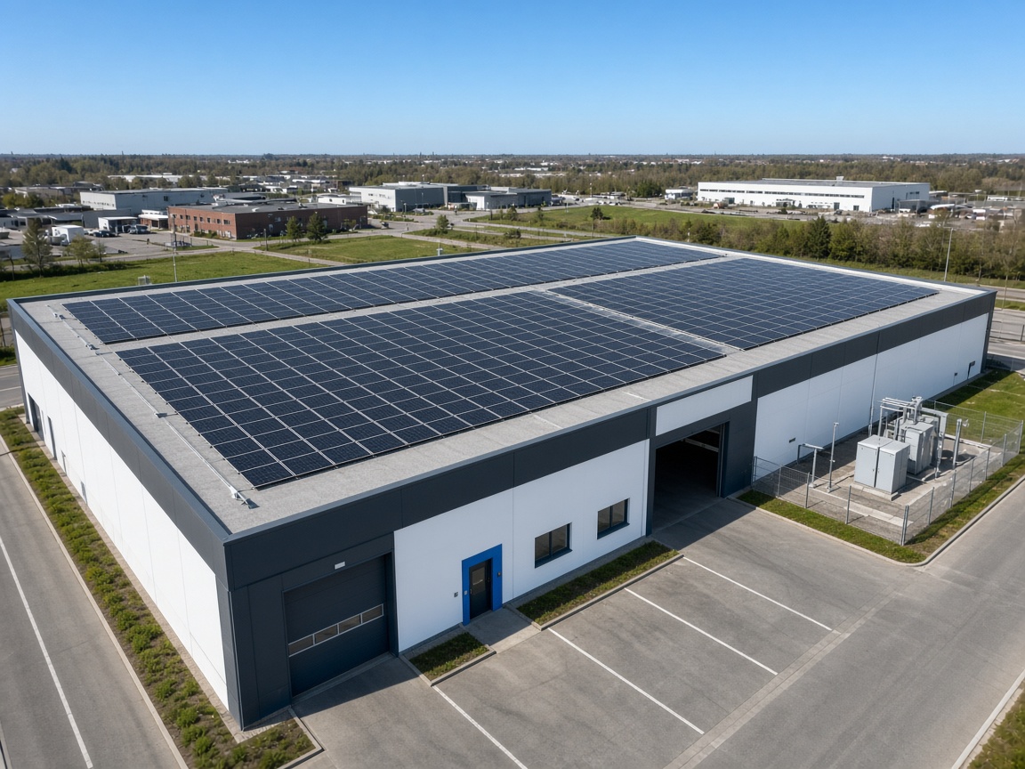 Photovoltaikanlage auf einer Gewerbehalle – Symbolbild